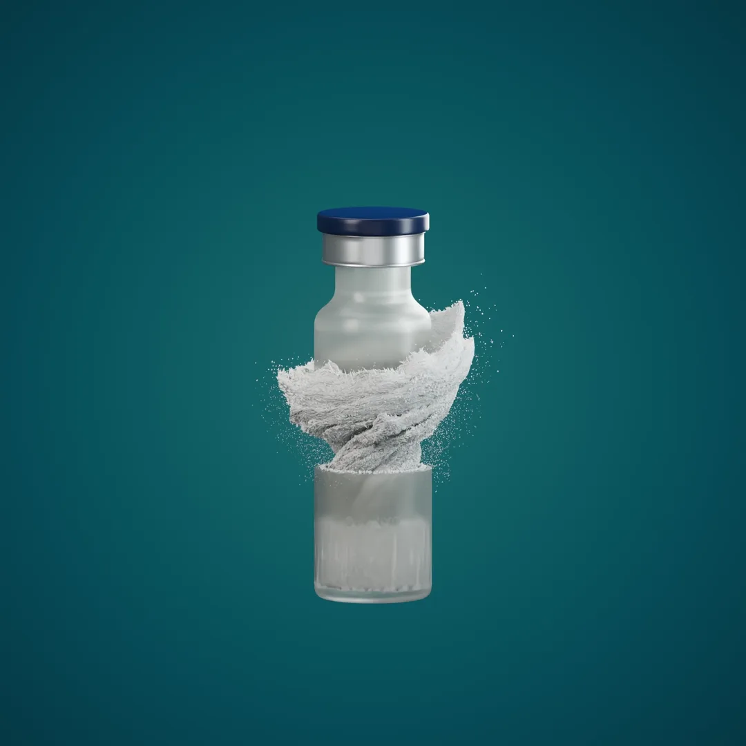 A frosted Pepvoro vial with a navy cap and brushed silver collar, split open with white powder twisting out
